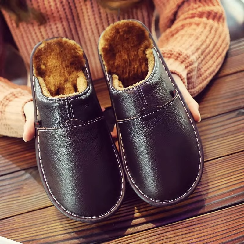 Unisex waterproof leather plush winter slippers cozy warm indoor house shoes with plush lining