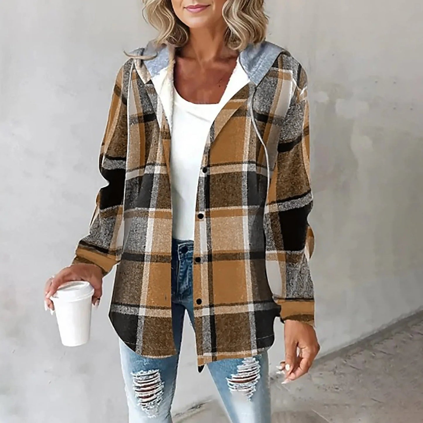 Women's checkered lined cardigan draped fit cozy fall style warm elegant everyday look