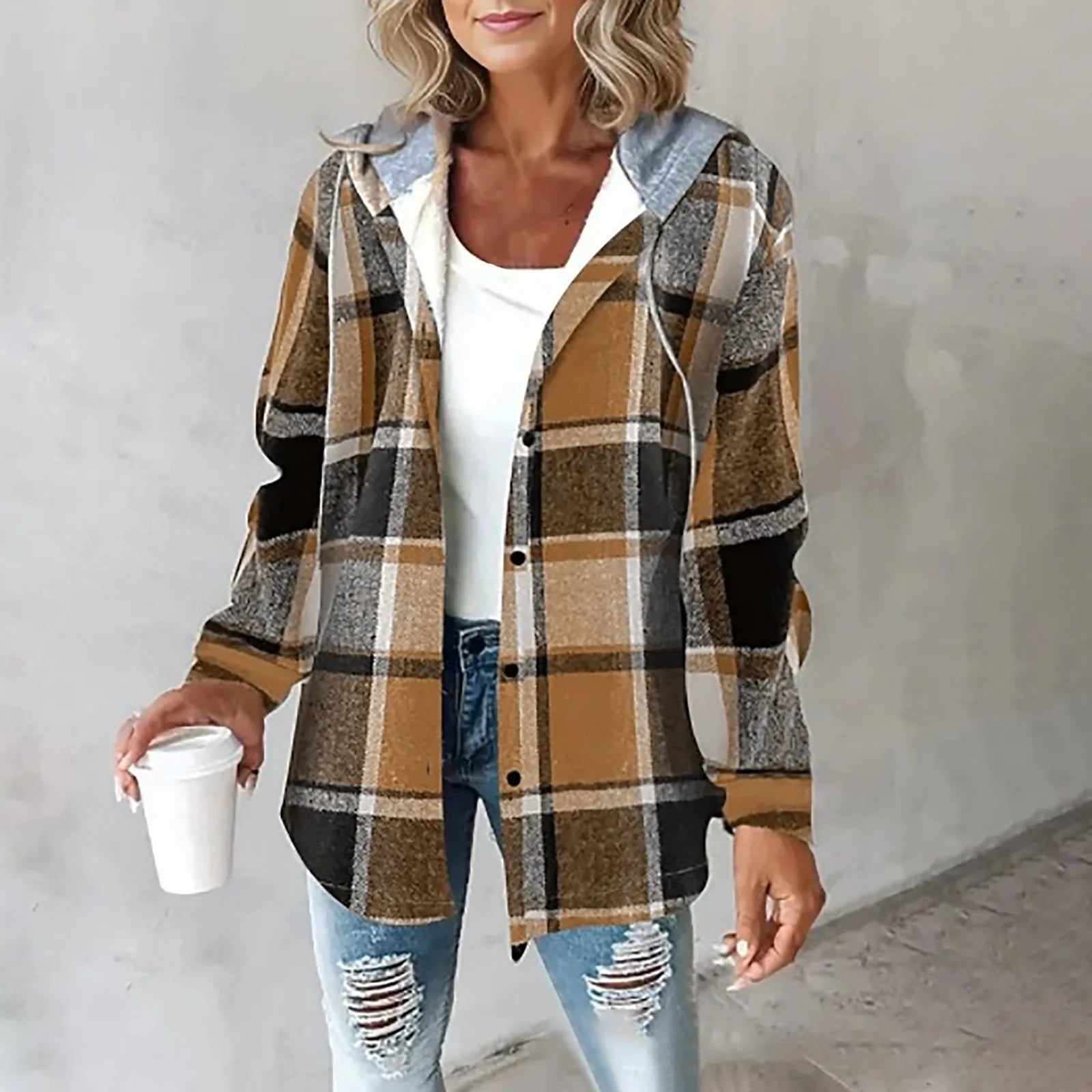 Women's checkered lined cardigan draped fit cozy fall style warm elegant everyday look