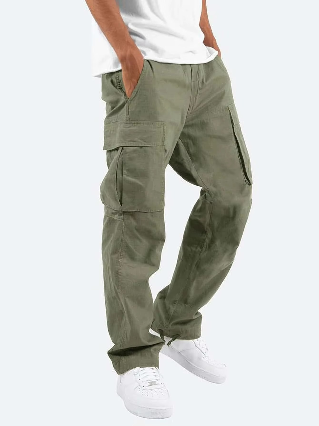 Men's solid cargo pants relaxed fit with multi-pocket design and adjustable drawstring waist