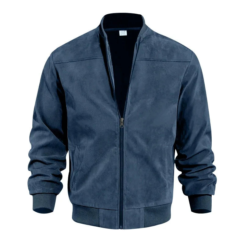 Men's brown suede bomber jacket with modern silhouette and premium soft texture by Wavlynn
