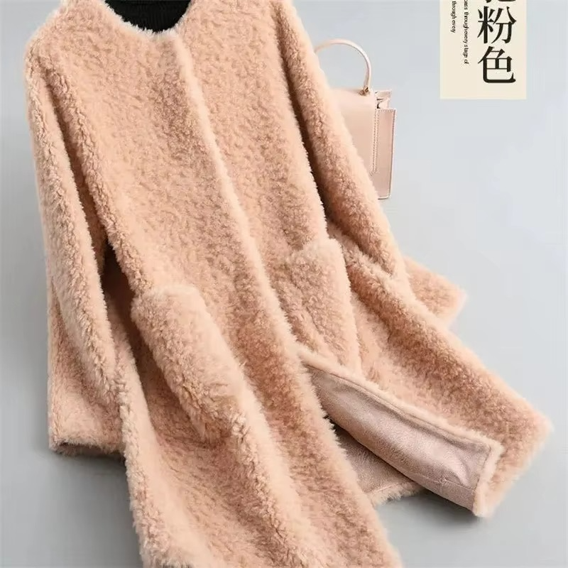Women mid-length plush faux lamb fur coat in neutral tone with cozy cardigan-style silhouette