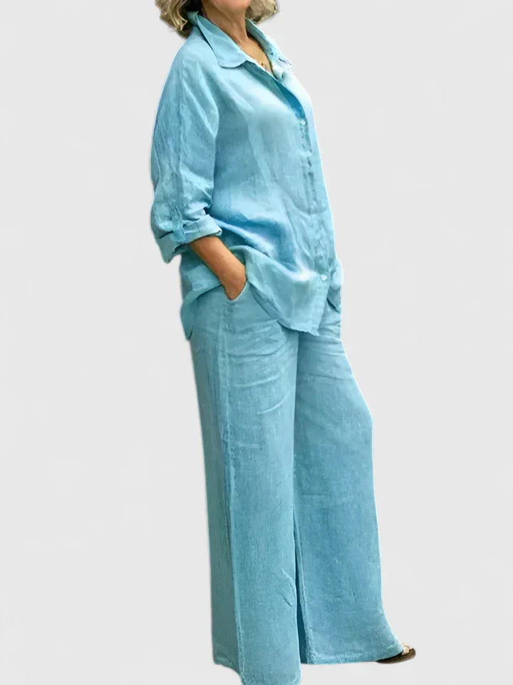 Soft pink linen two-piece set oversized button-down shirt wide-leg pants relaxed minimalist style