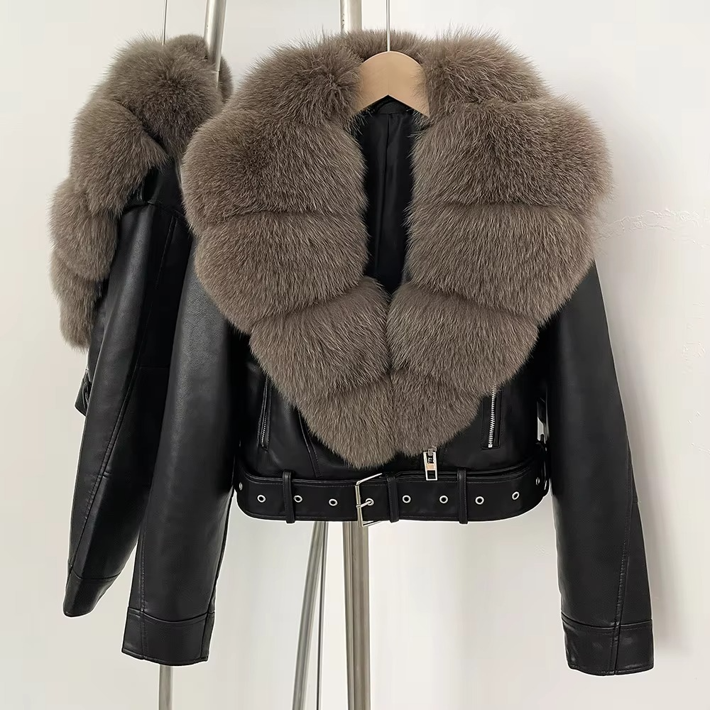 Women's black faux leather coat with plush faux fur collar, elegant winter style
