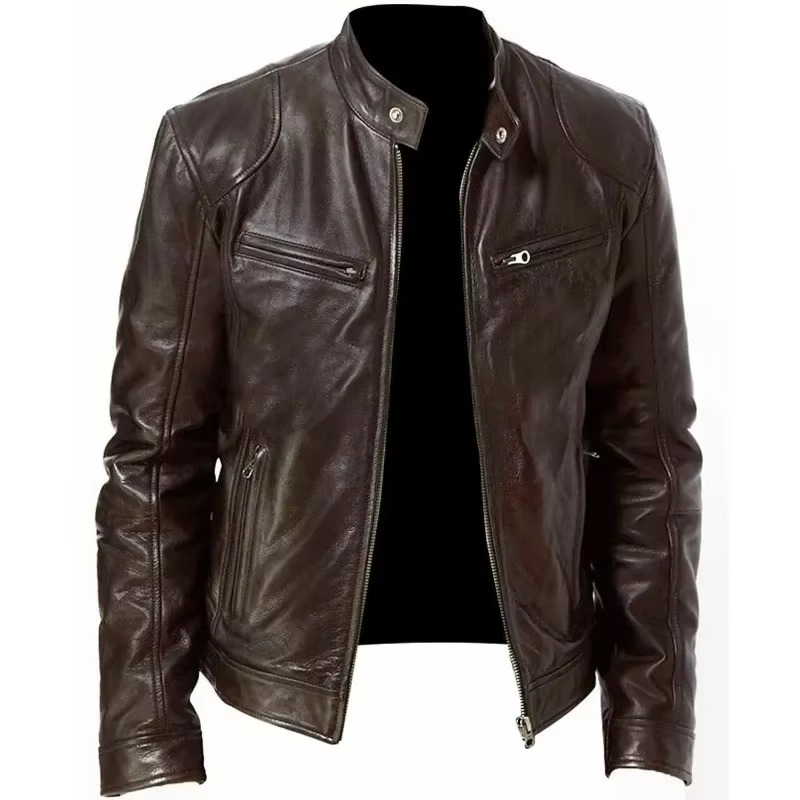 Men's slim fit PU leather motorcycle jacket in black with stand collar snap closure wind resistant