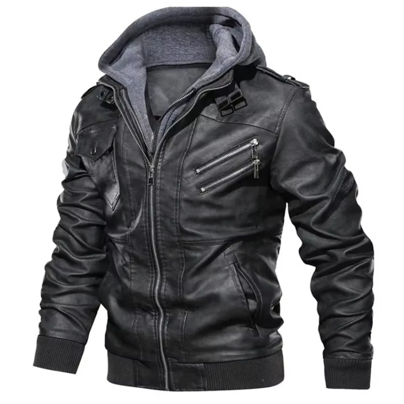 Men's black hooded PU leather biker jacket zip-up streetwear coat motorcycle-inspired silhouette