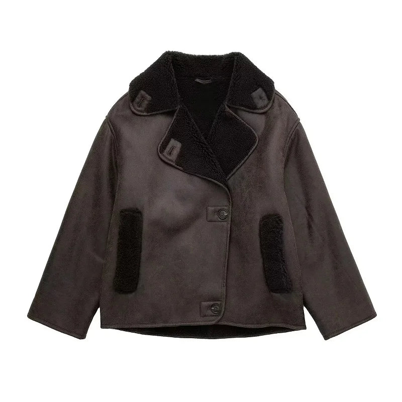 Women's brown faux shearling aviator jacket with plush lining, timeless silhouette and cozy cold-weather warmth