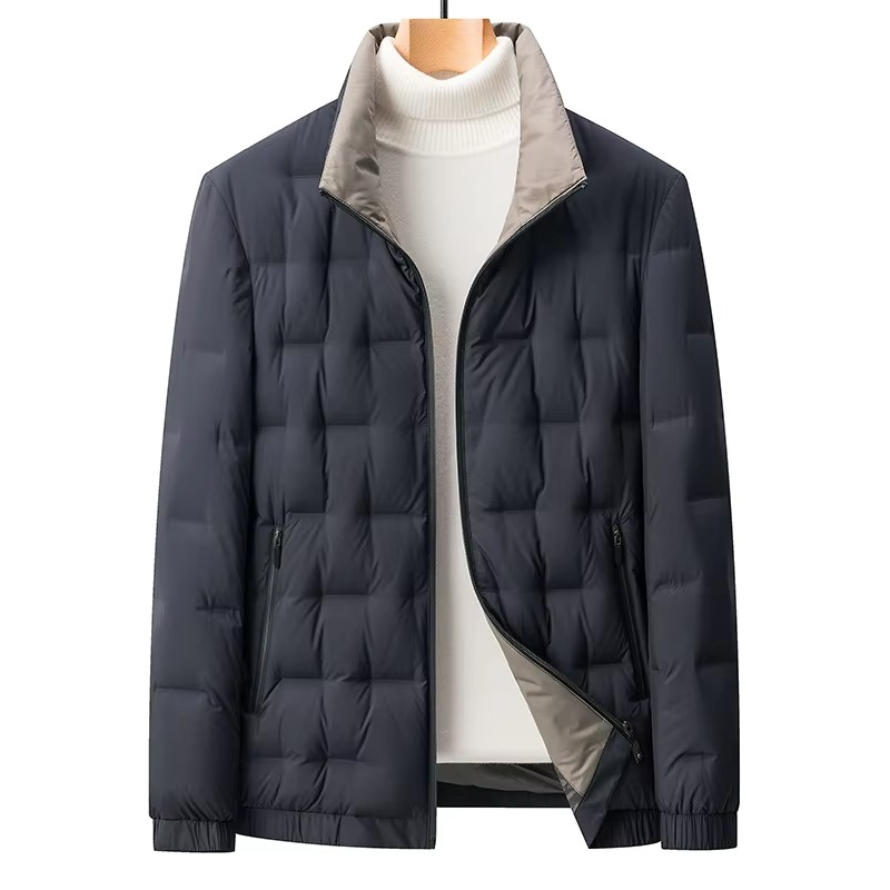 Men's slim fit goose down jacket stand collar lightweight black modern business style