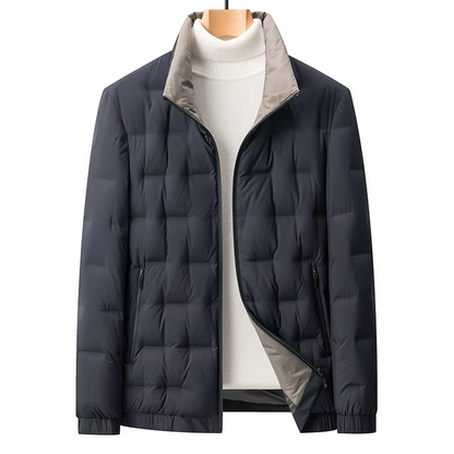 Men's slim fit goose down jacket stand collar lightweight black modern business style