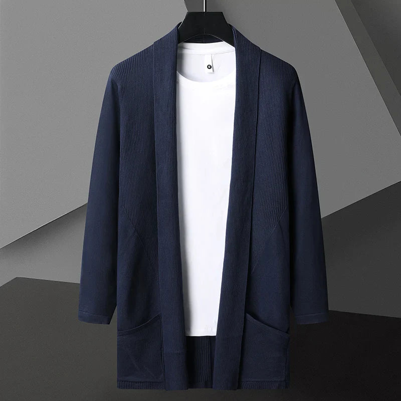 Men's long drape open-front cardigan in matte cotton linen blend with hidden pockets