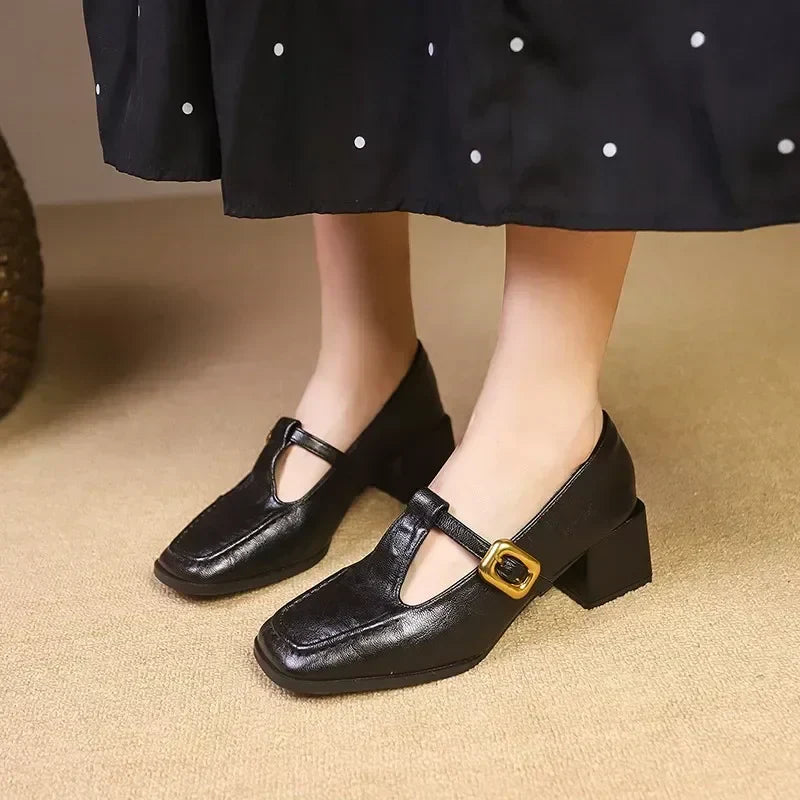 Women's square toe Mary Jane block heel shoes with gold buckle strap in vintage French style