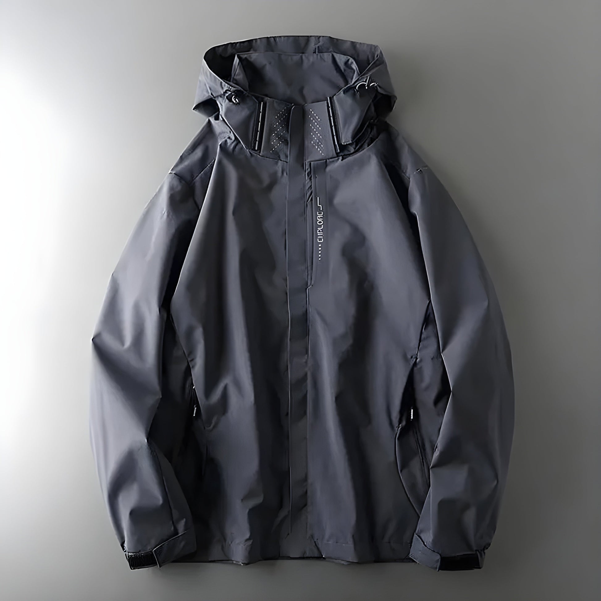 Men's waterproof windbreaker jacket with high collar, Velcro cuffs, lightweight compact outdoor design