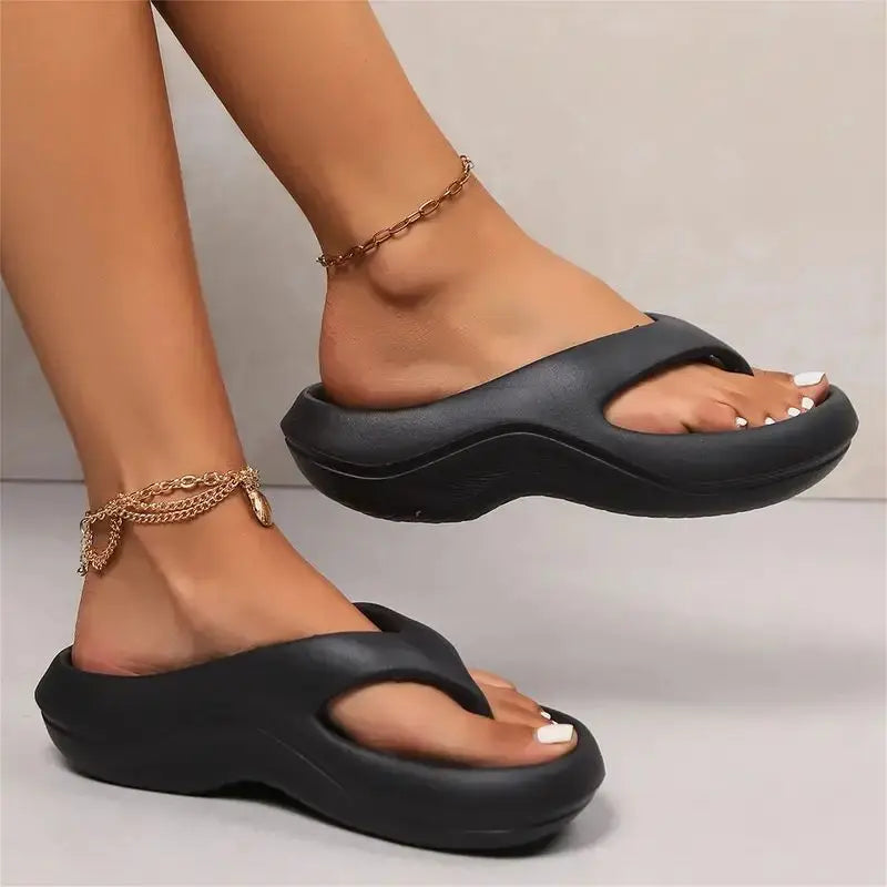 Women's cushioned flip flops in neutral tones with ultra-soft thick sole for all-day comfort