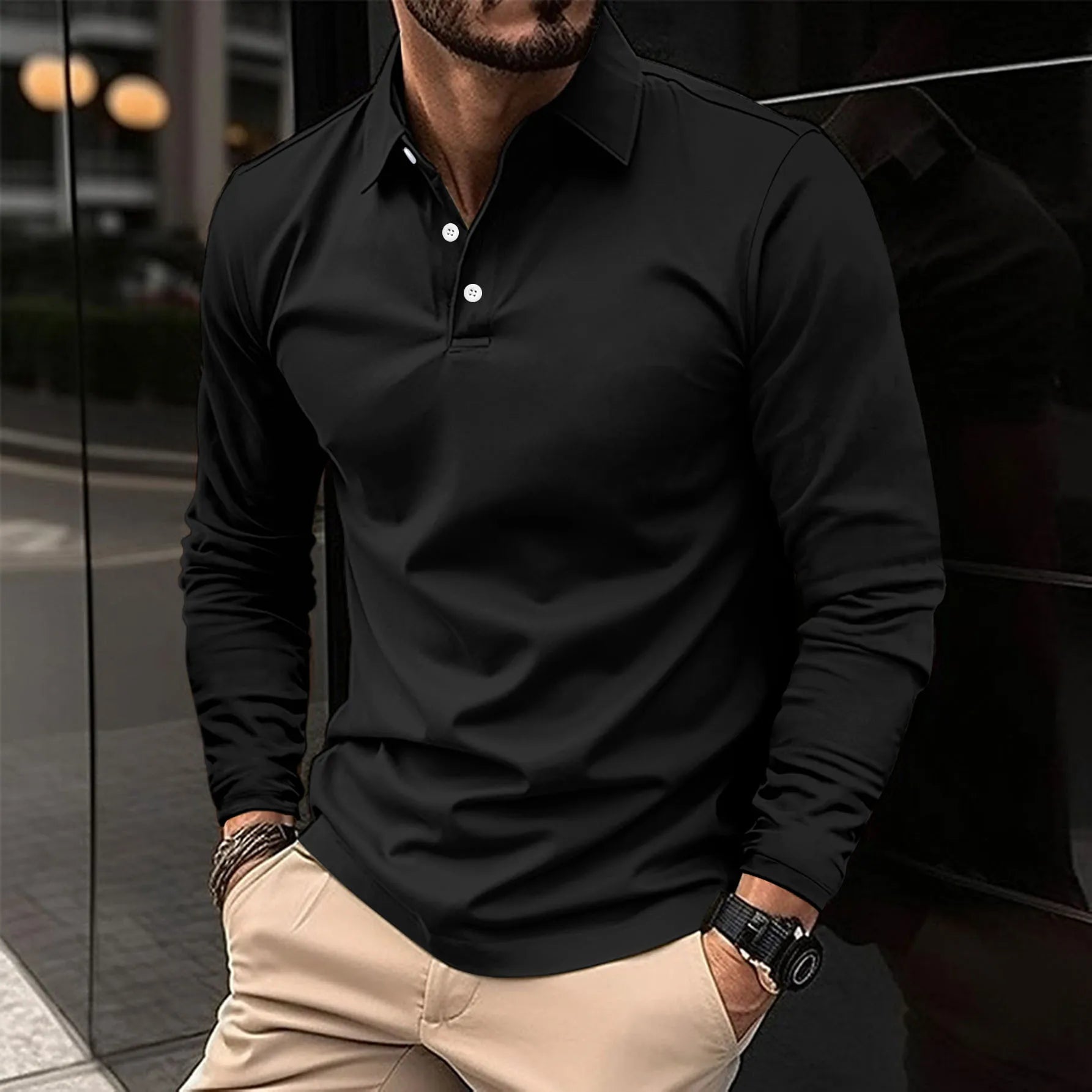 Men's white slim fit long sleeve polo shirt breathable cotton casual semi-formal elegant design