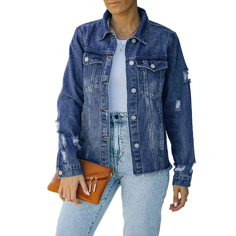 Blue distressed denim jacket with frayed hem, button-up front, classic relaxed fit
