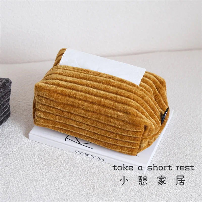 Jacquard corduroy tissue box cover with plush tactile nap and subtle woven pattern for refined home decor