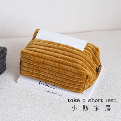 Jacquard corduroy tissue box cover with plush tactile nap and subtle woven pattern for refined home decor