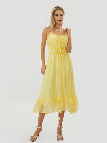 Clementine light feminine mini dress with lace-up bodice, frill trim details, and adjustable neckline