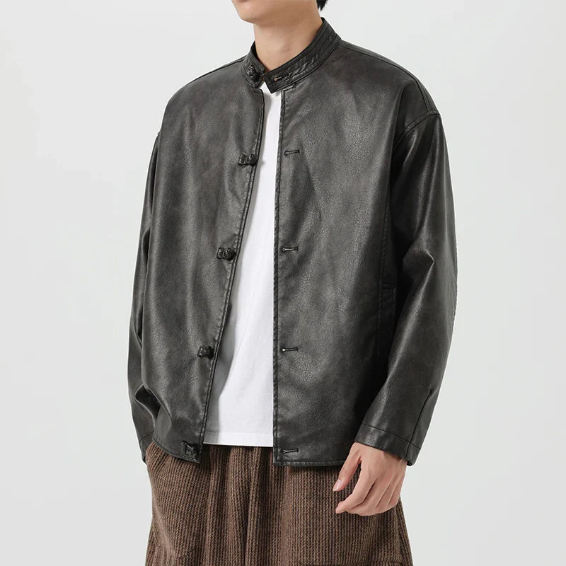 TrendAura Revel Vintage Washed Leather Coat For Men With Mandarin Collar And Toggle Buttons