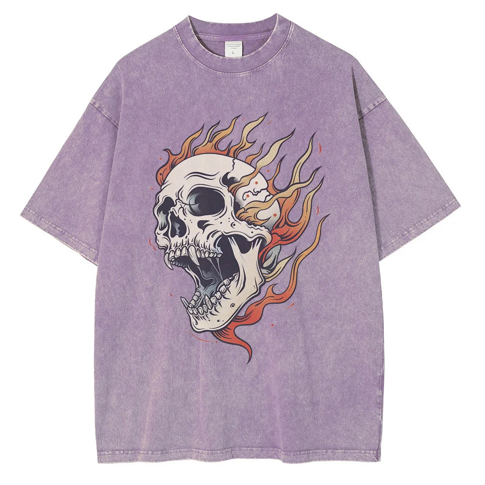 Oversized heavyweight acid wash skull flame graphic tee in bone white distressed vintage cotton streetwear