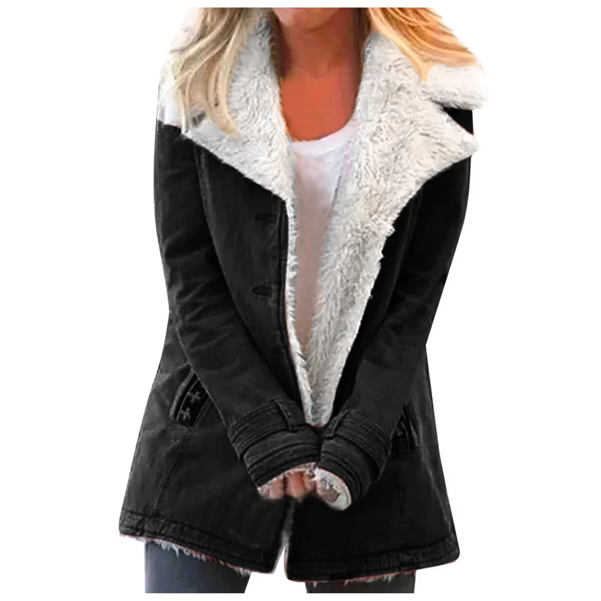 Women's plus size fleece jacket with button front, faux shearling collar, and side pockets in cozy fit