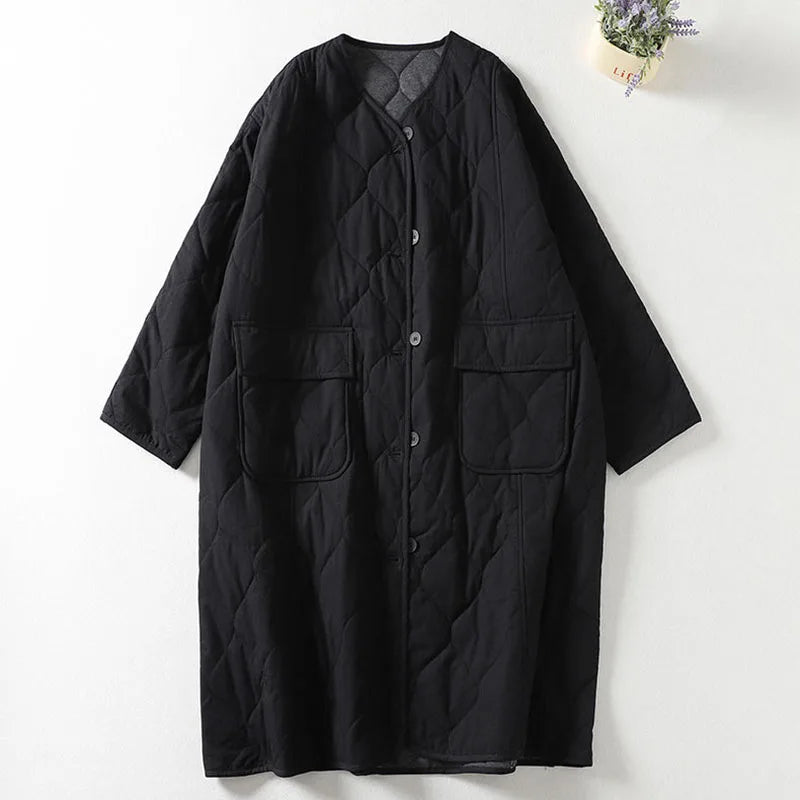 Women's black quilted longline oversized coat with relaxed fit and structured woven fabric