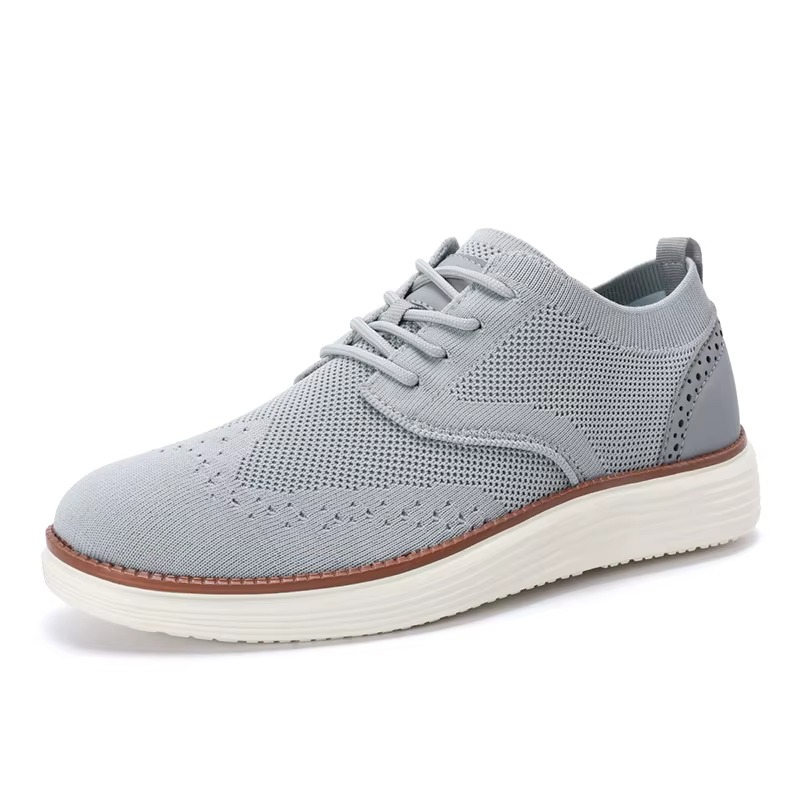 Men's gray lightweight breathable mesh walking sneakers with synthetic overlays for all-day support