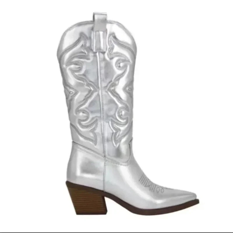 Women's leather knee-high boots with Western-inspired stitching details and sleek block heel