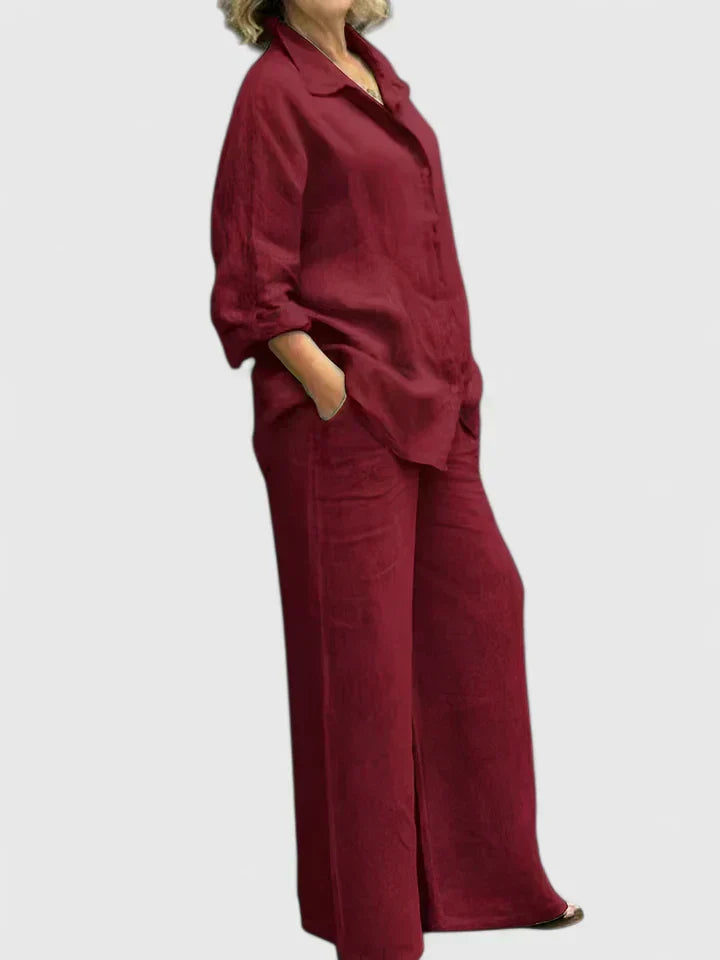 Soft pink linen two-piece set oversized button-down shirt wide-leg pants relaxed minimal fit