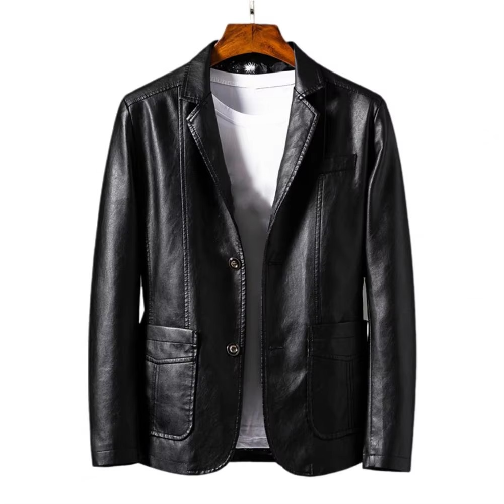 Men's vintage brown PU leather motorcycle jacket with button pocket detail, classic biker cut