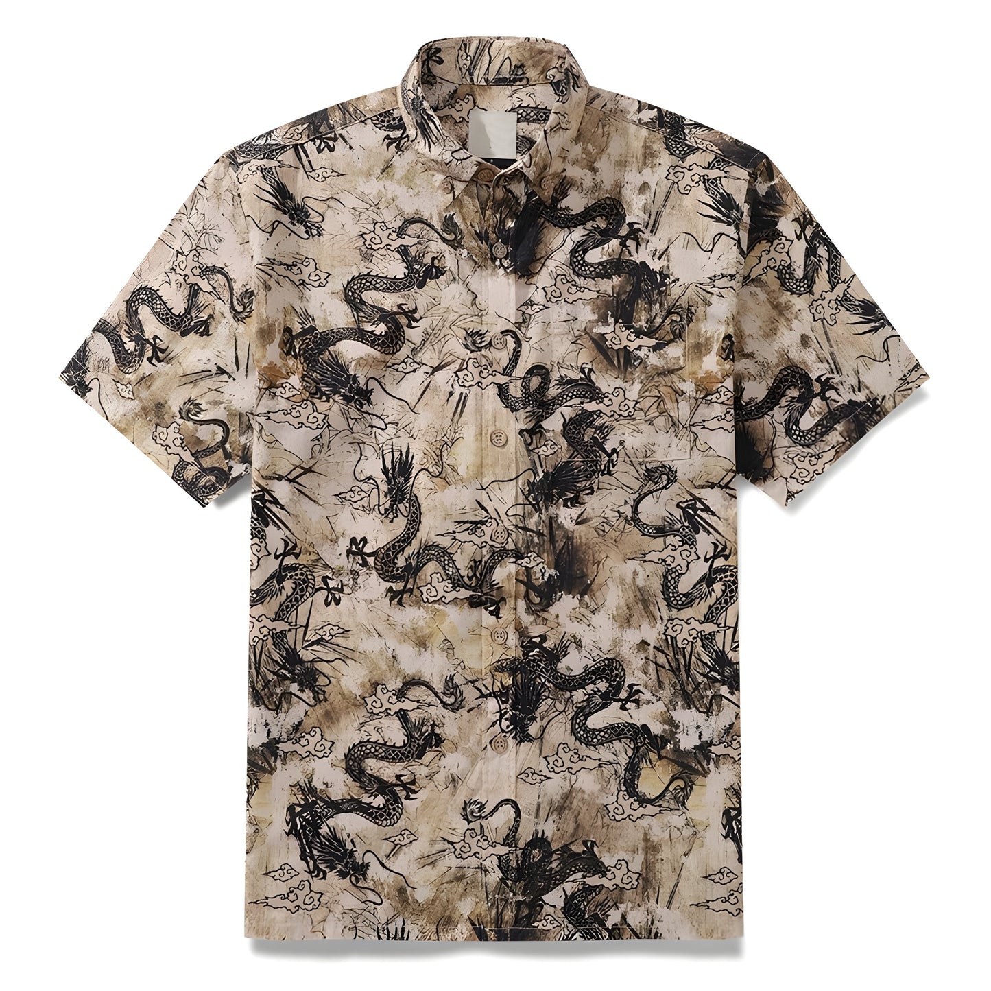 Warm-toned Eastern dragon print short sleeve shirt with turn-down collar, breathable cotton canvas
