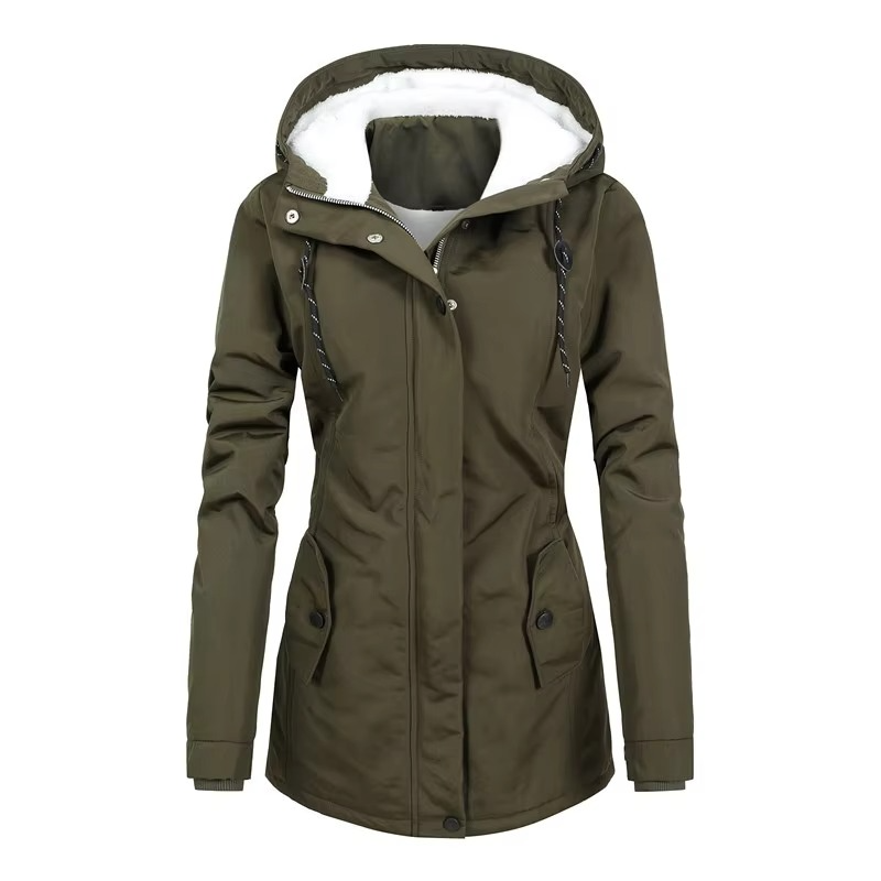 Women's mid-length hooded parka with plush fleece lining, retro style winter warmth