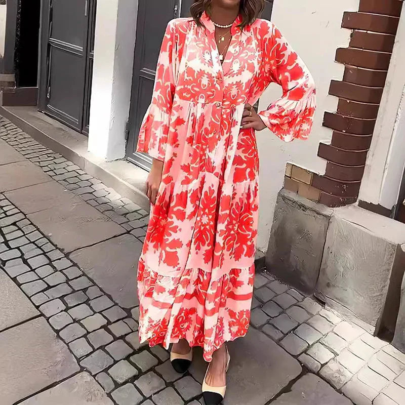 Women's boho flowy printed maxi dress with draped silhouette and vibrant bohemian patterns