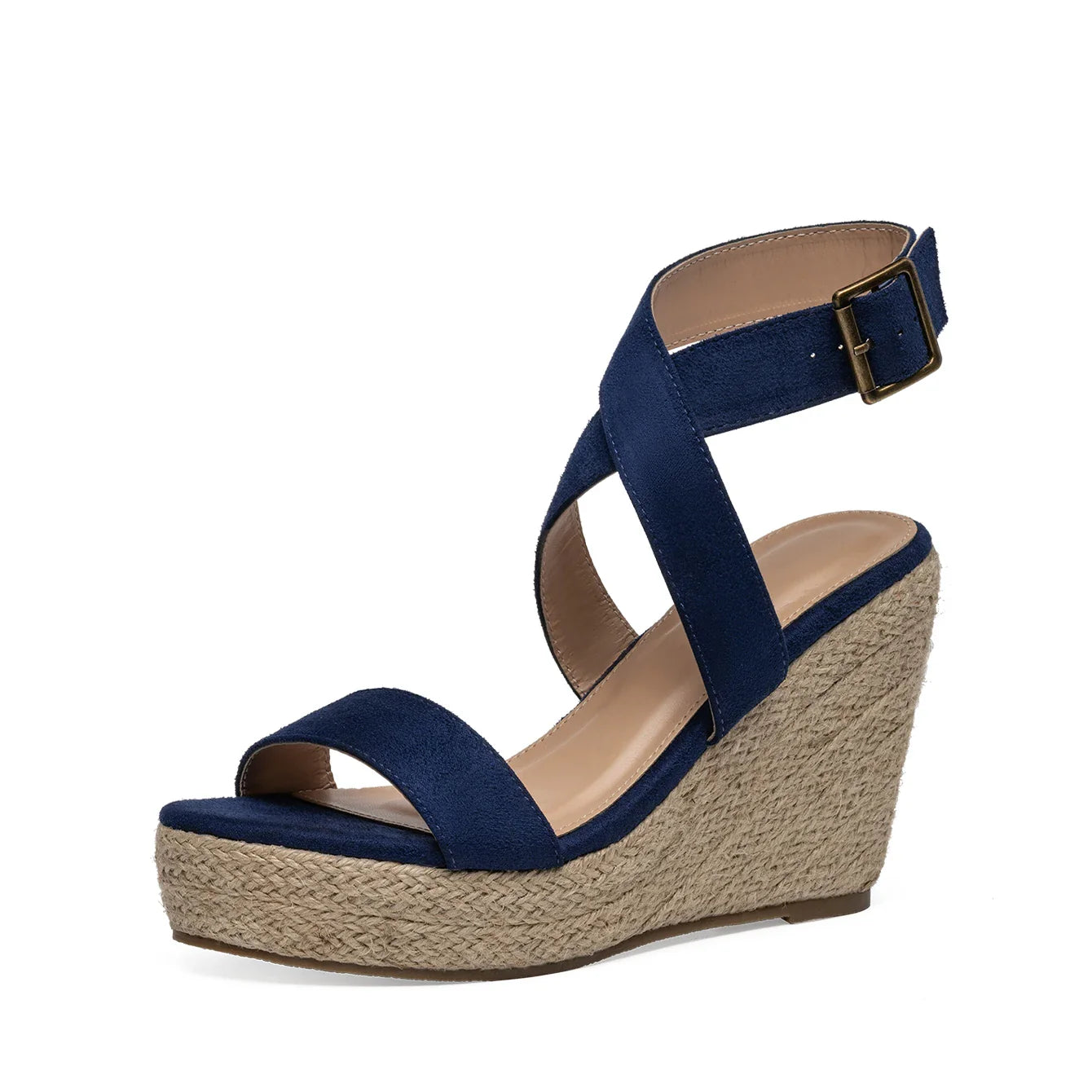 Black espadrille wedge sandals with crisscross straps and adjustable buckle, bohemian style