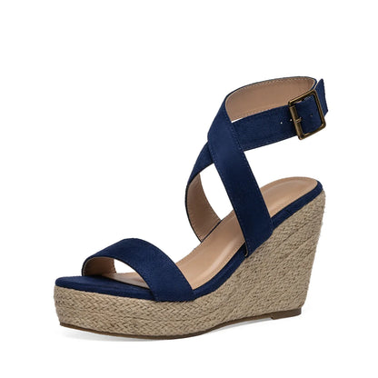 Black espadrille wedge sandals with crisscross straps and adjustable buckle, bohemian style