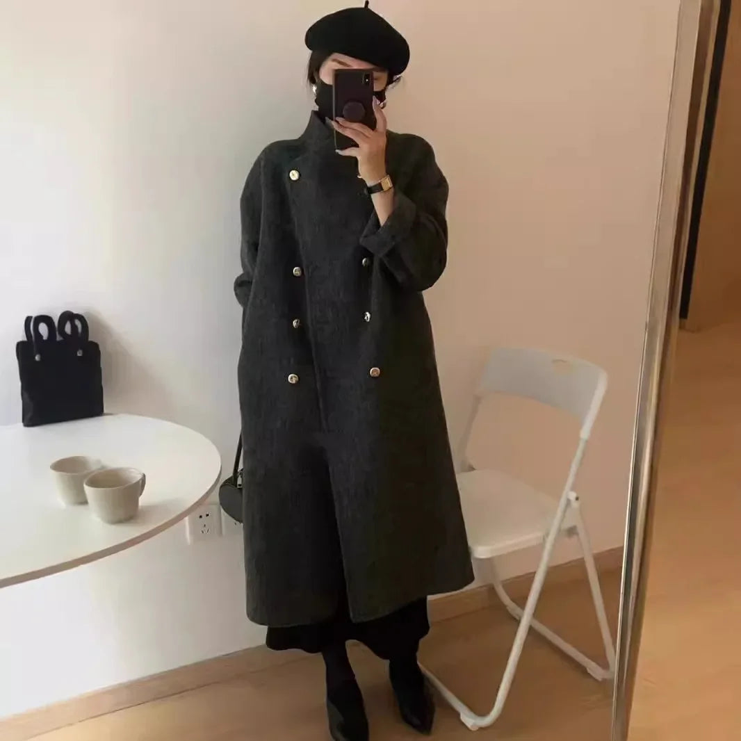 Gianna wool blend coat in neutral tone, mid-calf straight fit with Korean-inspired modern silhouette