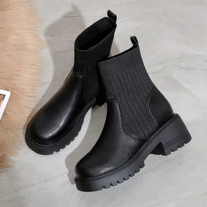 Black split knit and faux leather platform boot with rubberized chunky heel grunge style
