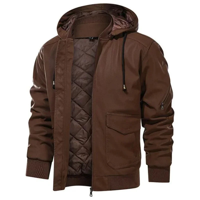 Men's black hooded moto biker jacket with warm quilted lining, water-resistant outerwear by Wavlynn