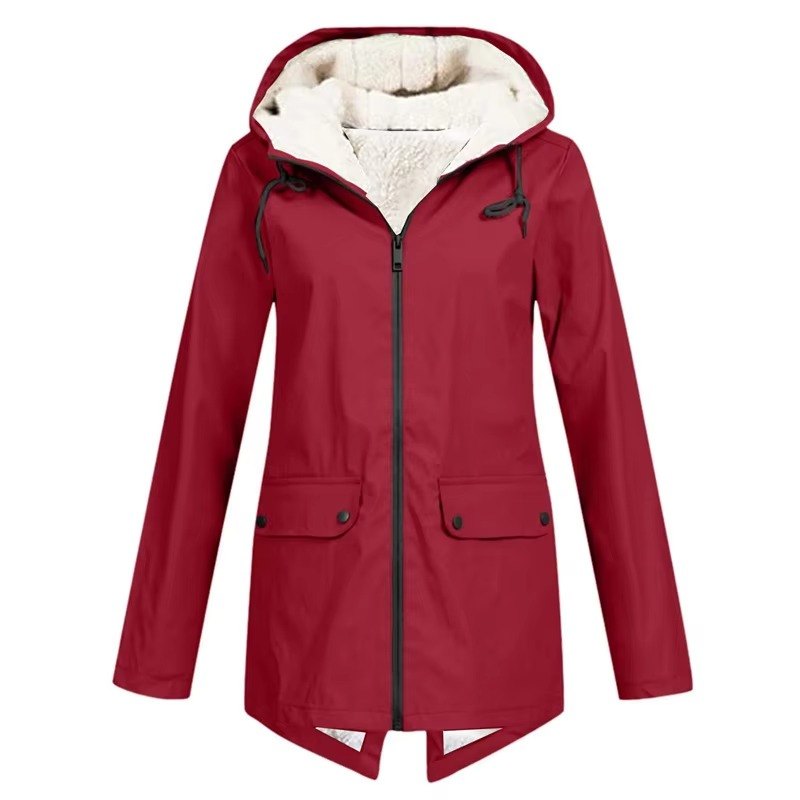 Women's waterproof hooded trench coat in neutral tone, velvet-lined windbreaker with belted waist