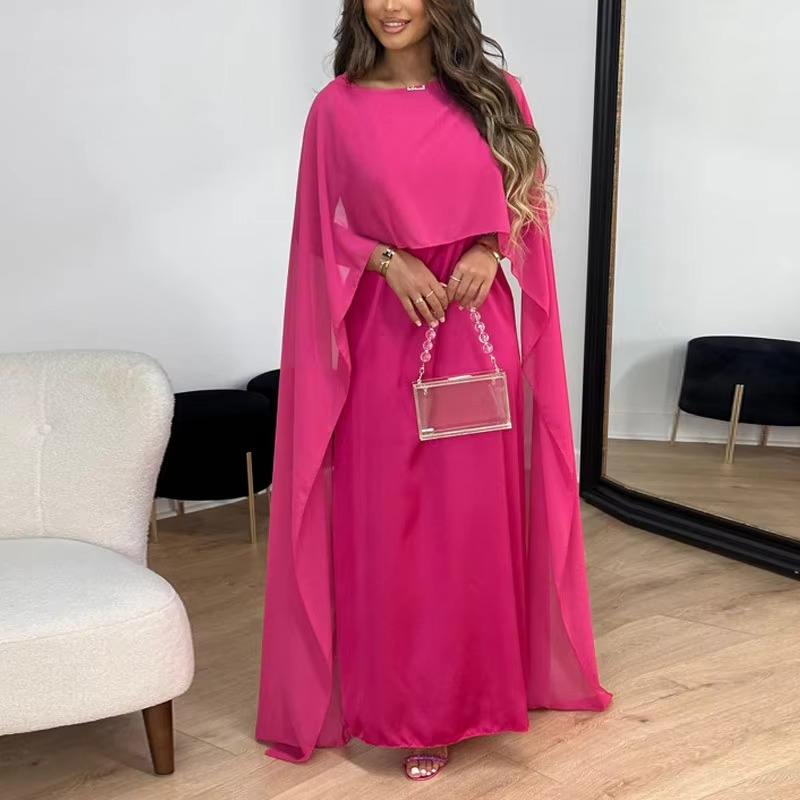 Elegant chiffon long evening dress with flowing shawl sleeves, floor-length formal gown