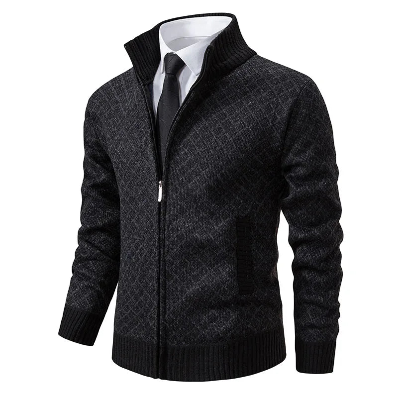Navy blue men's tailored full-zip cardigan jacket with textured premium knit fabric and polished finish