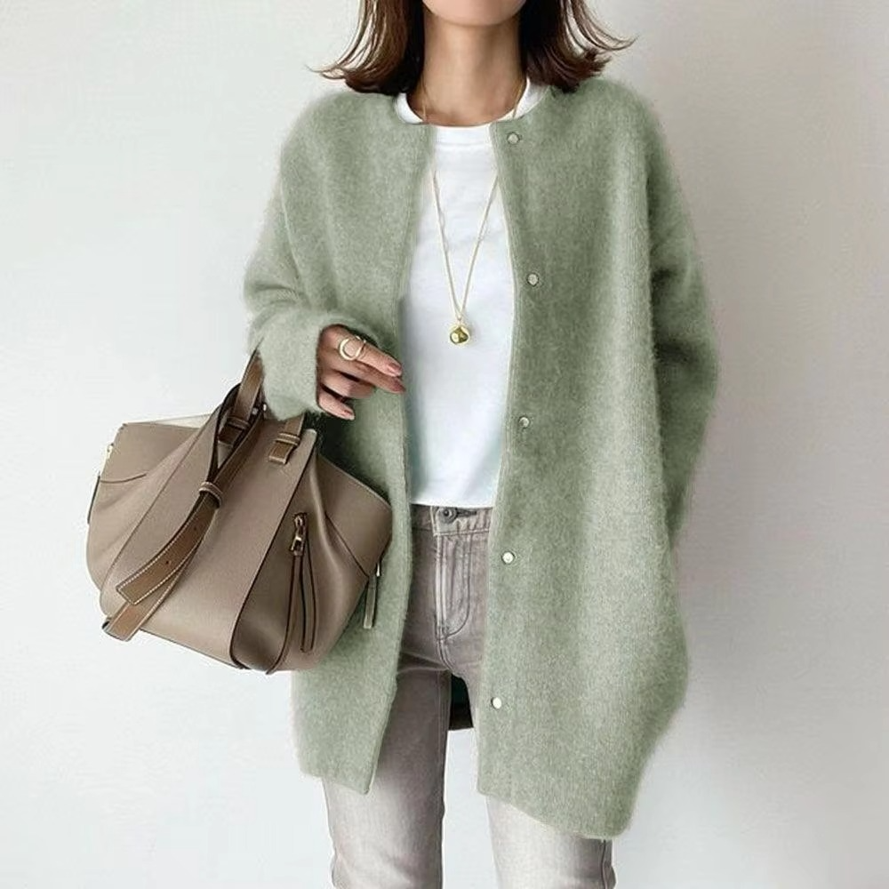 Mink velvet knit cardigan coat women A-line mid-length loose draped silhouette cozy warm