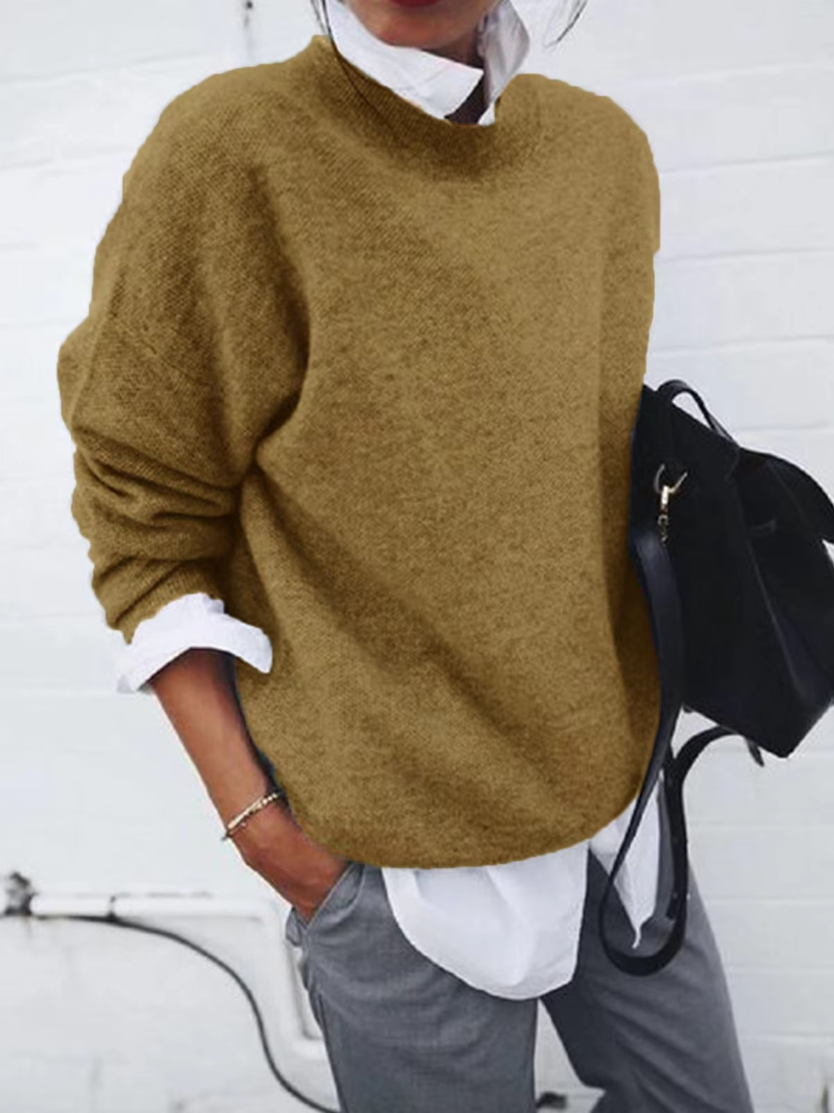 Women's knit pullover faux two-piece look with shirt collar, cozy soft fabric, polished layered style