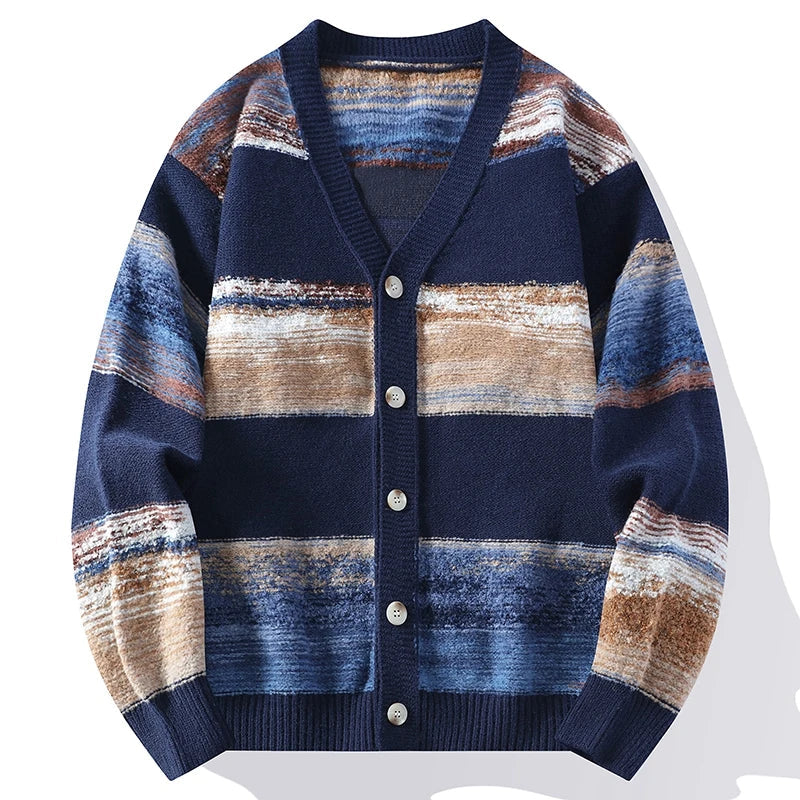 Yuto multicolor brushstroke cardigan, Japanese retro V-neck relaxed fit with faux horn buttons