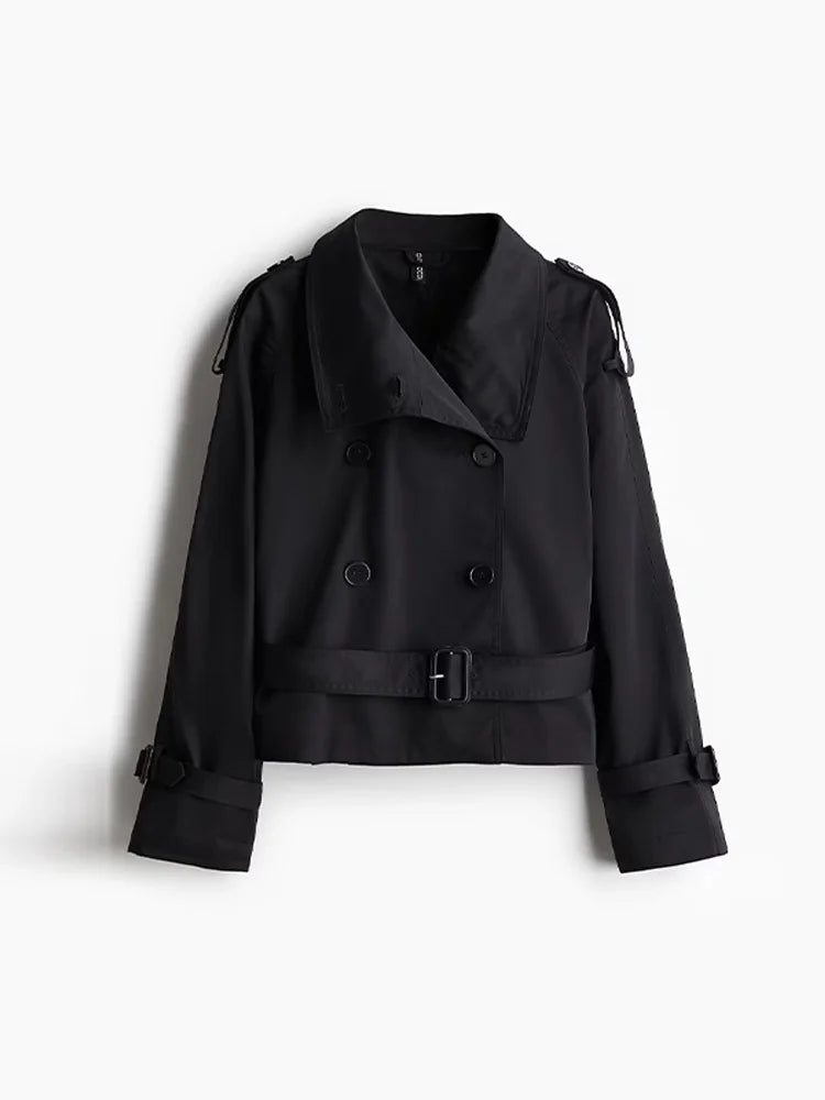 Women's wool blend tailored coat double-breasted belted waist high collar professional style