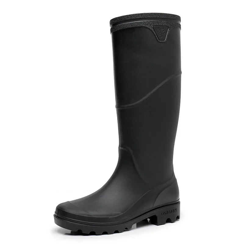 Men's knee-high waterproof rubber boots in black with rugged grippy outsole for outdoor utility wear