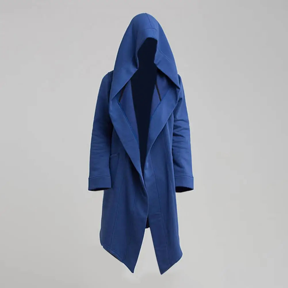 Men's gray knit hooded cardigan relaxed fit open front asymmetrical hem casual layering piece