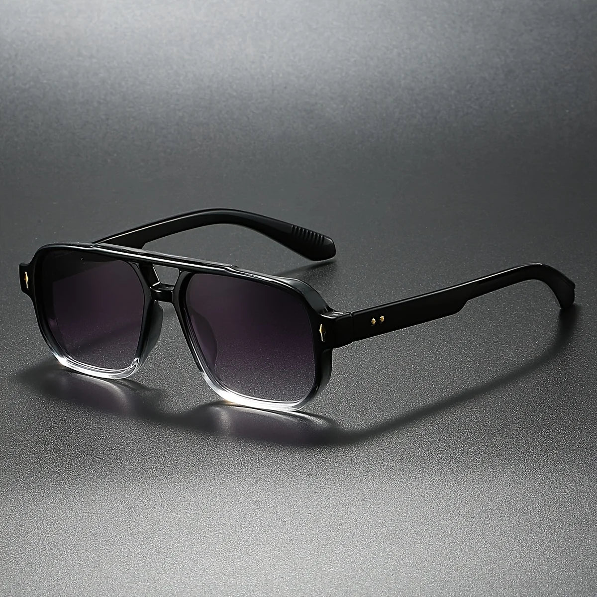 Matte black square aviator sunglasses with gold pin accents and UV400 dark-tint lenses