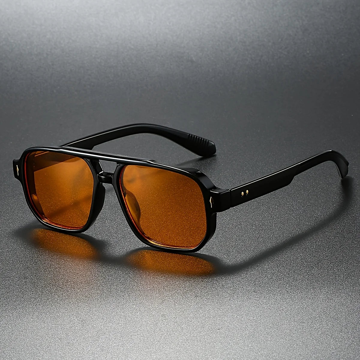 Matte black square aviator sunglasses with gold pin accents and UV400 dark-tint lenses