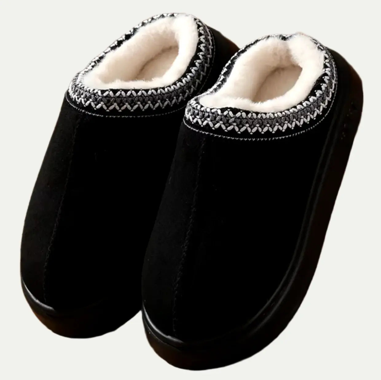 Women's faux sheepskin slippers in brown, black, gray or beige with plush lining and elegant silhouette